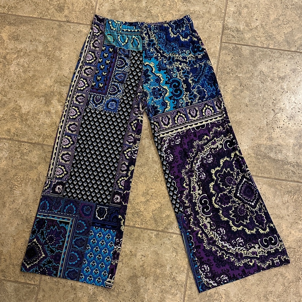 Chico's Size 1 Boho Palazzo Paisley Wide-Leg Pants Blue Purple Green